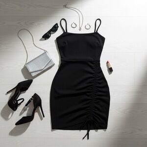Windsor Black Spaghetti Strap Ruched Bodycon Mini Dress XS | Party Club Cocktail